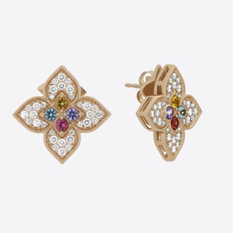 Pendientes Roberto Coin colección Venetian Princes con diamantes (0.7744ct), gemas de colores; tanzanita, topacio azul suizo, rubelita y citrino (0.4920 ct) y dos rubies (0.0348 ct) en rosa. Peso oro: 6.88g.