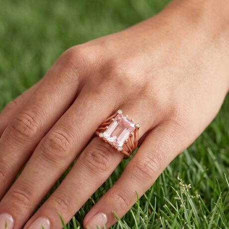 Anillo Rafael Torres con Kunzita central talla octogonal facetada de 14x10 (9.19ct) , 4 brillantes de peso total 0.04ct color E-F, pureza VVS-VS1 en oro rosa (13.09g)